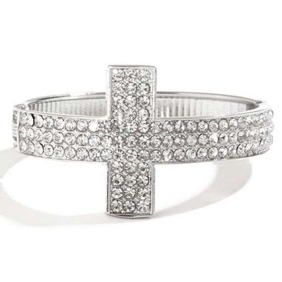 Guess Marciano Silver Tone Rhinestone Crystal Cross Hinge Bangle Cuff Bracelet - Picture 1 of 2